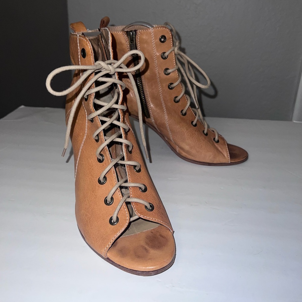 Lemare Peep Toe Lace Up Chunky Heel Booties